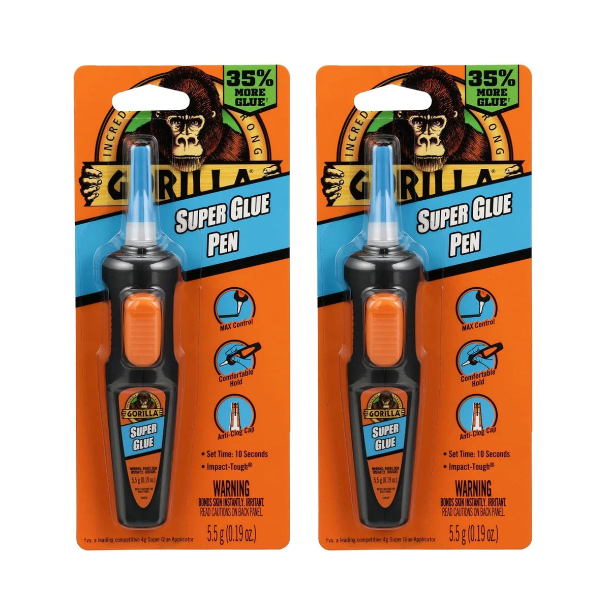 Gorilla Super Glue Pen, Cyanoacrylate Glue, Fast Setting, Precise Dispensing Pen Shaped Applicator, Clear, 5.5g (Pack of 2)