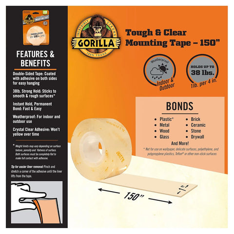 Gorilla Tough & Clear Double Sided Mounting Tape, Clear Tape, 1" x 150" - Weatherproof for Indoor or Outdoor | (Pack of 12)