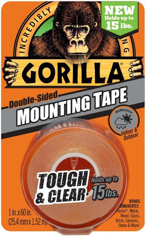 Gorilla Mounting Tape, Tough and Clear, Double-Sided, 1" x 60", Clear - 24 Pack