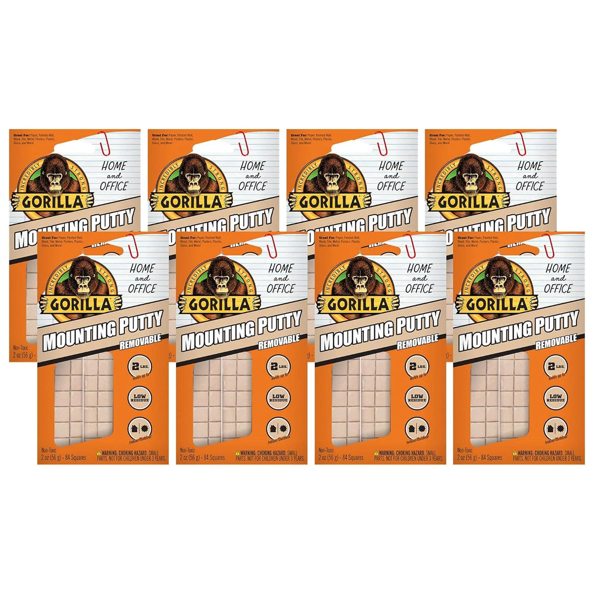 Gorilla Mounting Putty, Natural Tan Color, 84 Pre-Cut Squares (Pack of 8) - Non-Toxic Removable & Repositionable Wall Putty