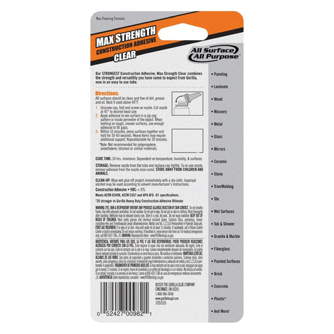 Gorilla Max Strength Construction Adhesive, Clear Glue, 2.5 Ounce Squeeze Tube (Pack of 2) - Gap Filling and Waterproof