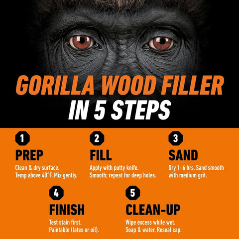 Gorilla All Purpose Wood Filler, Natural Finish, 16 Ounce Tub (Pack of 1) - Water Resistant for Indoor or Outdoor Projects and Repairs