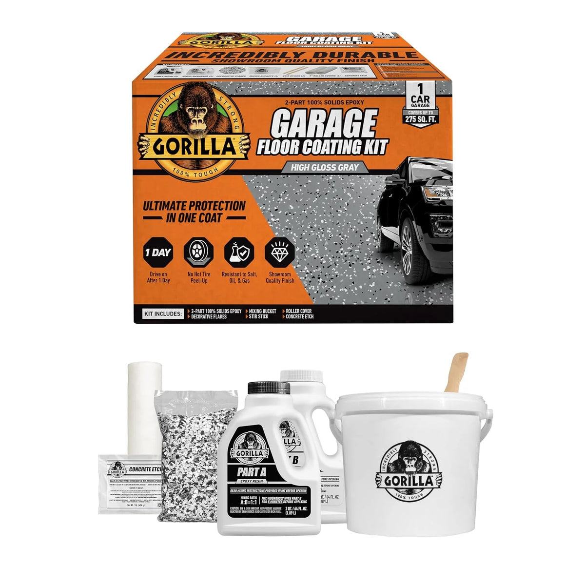 Gorilla Epoxy Garage Floor Coating (7 pc) Kit, 1-Car, Concrete Flooring, 100% Solids, Superior Adhesion, Incredibly Durable High Gloss Gray Finish, 275 sq. ft. Coverage