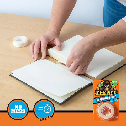 Gorilla Super Glue Tape, Multi-Purpose, Permanent, Double Sided, High Tack, 5/8in x 20ft, Clear (Pack of 6)