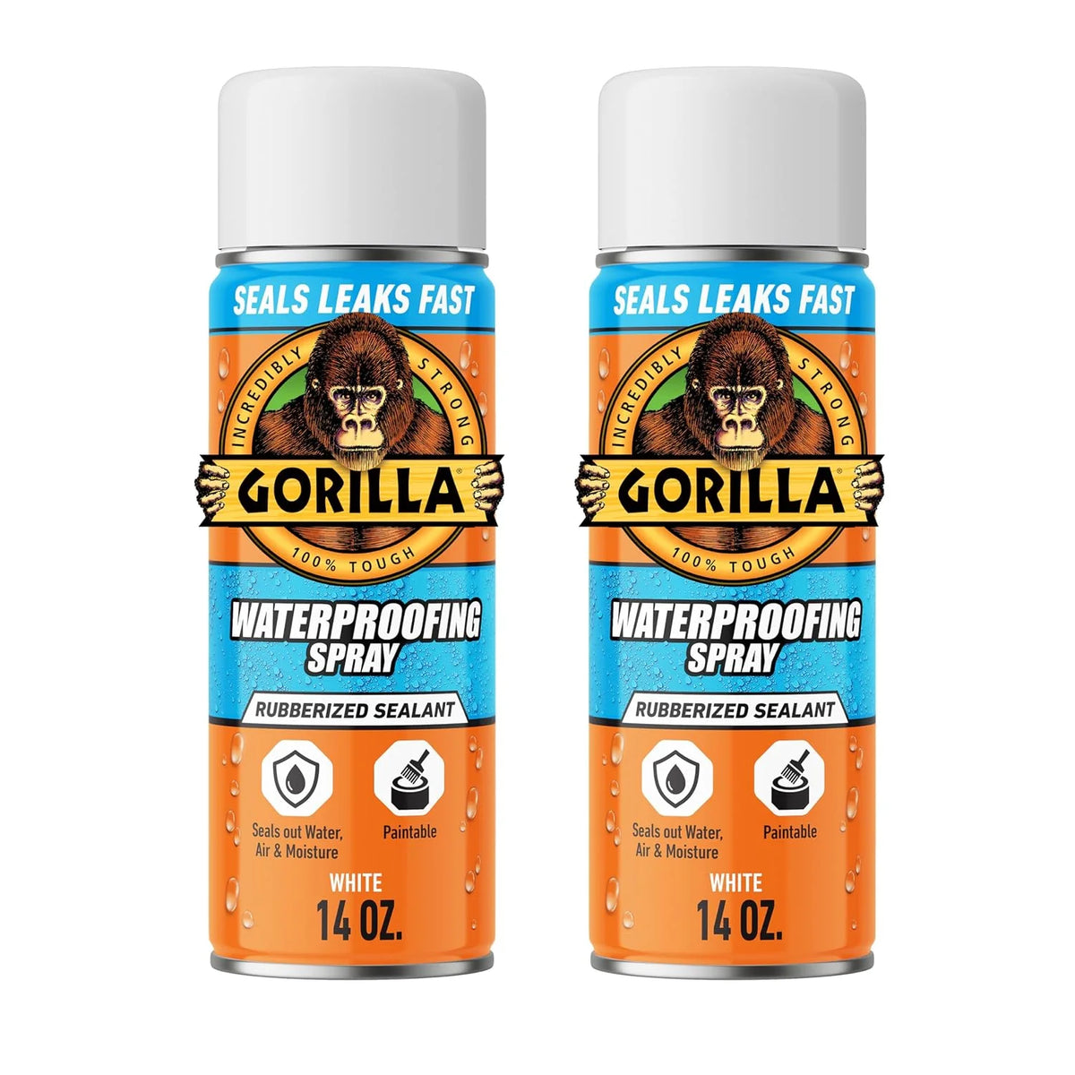 Gorilla Waterproofing Spray White, Flexible Rubberized Sealant Coating, Paintable UV Resistant, Seals Water Air Moisture, 16 oz (Pack of 2), for Roofs Gutters Skylights RVs Windows & More