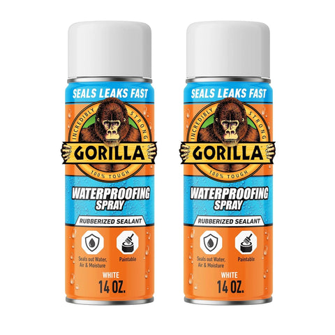 Gorilla Waterproofing Spray White, Flexible Rubberized Sealant Coating, Paintable UV Resistant, Seals Water Air Moisture, 16 oz (Pack of 2), for Roofs Gutters Skylights RVs Windows & More