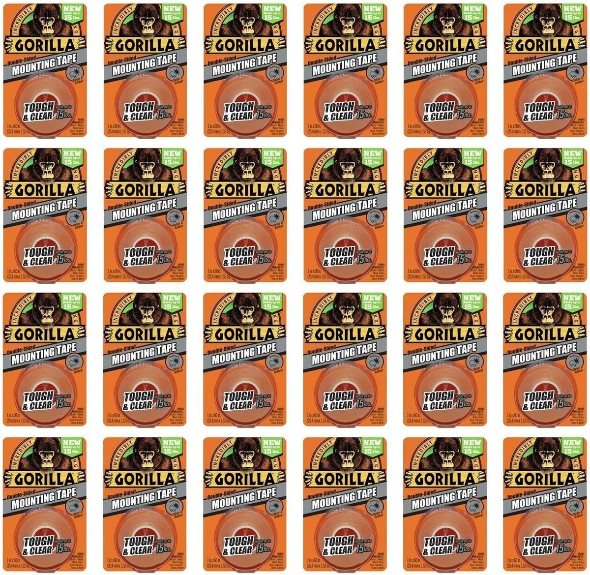 Gorilla Mounting Tape, Tough and Clear, Double-Sided, 1" x 60", Clear - 24 Pack