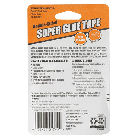 Gorilla Super Glue Tape, Multi-Purpose, Permanent, Double Sided, High Tack, 5/8in x 20ft, Clear (Pack of 1)
