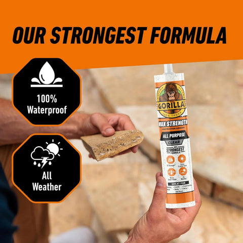 Gorilla Max Strength Construction Adhesive, Clear Glue, 9 Ounce Cartridge (Pack of 2) - Gap Filling and Waterproof