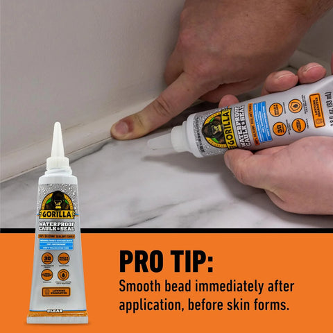Gorilla 100% Silicone Caulk, Waterproof Sealant, 2.8oz Squeeze Tube (Pack of 1) – Clear -10 Year Mold Resistant Kitchen, Window, Bath, Marine, Door and More