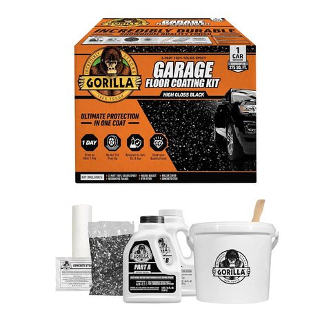 Gorilla Epoxy Garage Floor Coating (7 pc) Kit, 1-Car, Concrete Flooring, 100% Solids, Superior Adhesion, Incredibly Durable High Gloss Black Finish, 275 sq. ft. Coverage