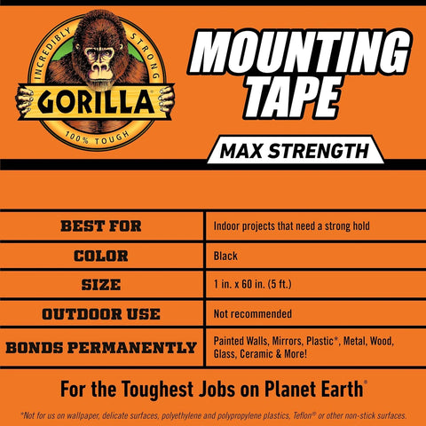 Gorilla 最大强度安装胶带,双面,即时固定,永久粘合,加强强度,2.54 厘米 x 152.40 厘米,黑色(6 件装)