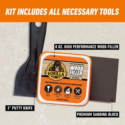 Gorilla All Purpose Wood Filler Wood Repair Kit with Putty Knife and Sanding Block