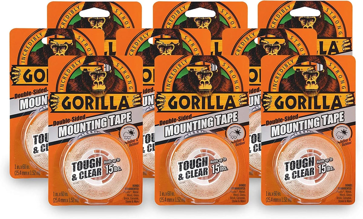 Gorilla Tough & Clear; Double Sided Mounting Tape; Weatherproof; 1" x 60"; Clear; (Pack of 9)