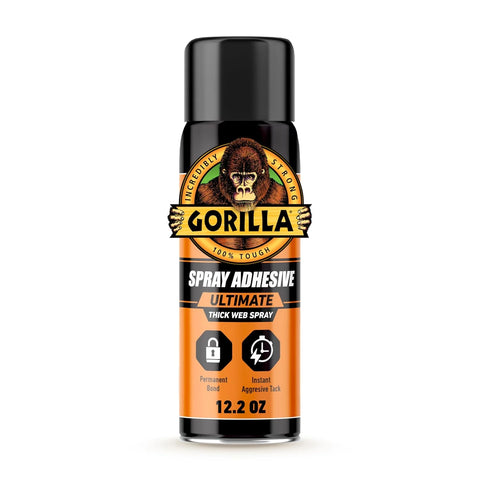 Gorilla Ultimate Spray Adhesive, Multi-Purpose Web Spray Contact Glue, Instant Aggressive Tack, Adjustable Nozzle, White, 12.2 oz (Pack of 1), Bonds Wood, Metal, Plastic, Leather & Fabric
