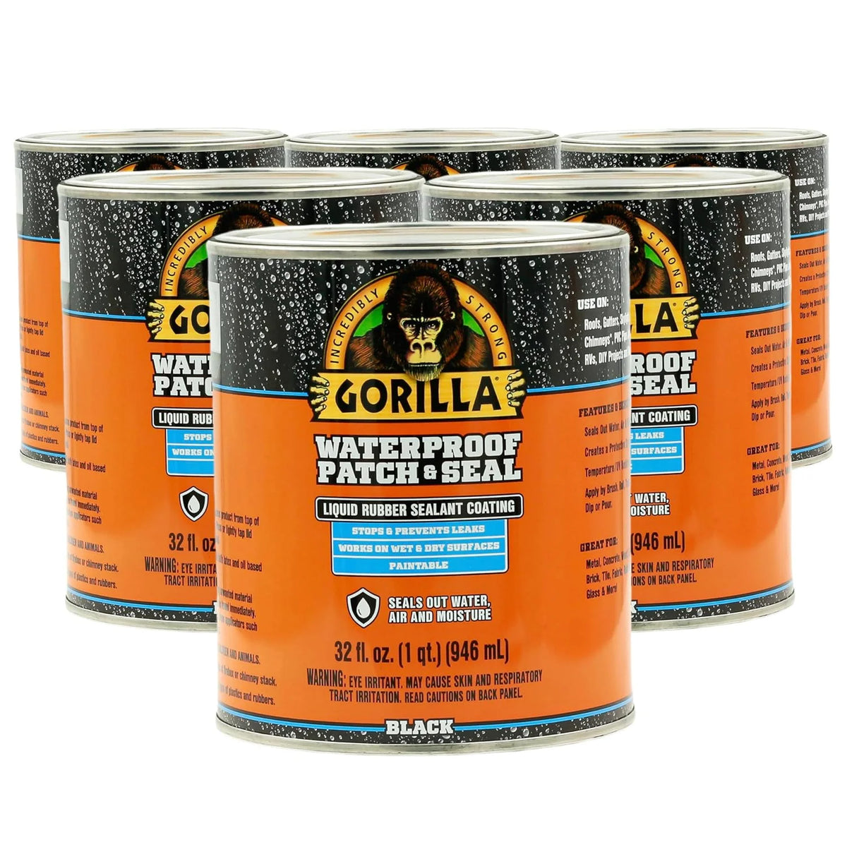 Gorilla Patch & Seal Liquid Rubber Waterproof Sealant, Black, 32 Ounce (Pack of 6) - Seals Out Water, Air, and Moisture
