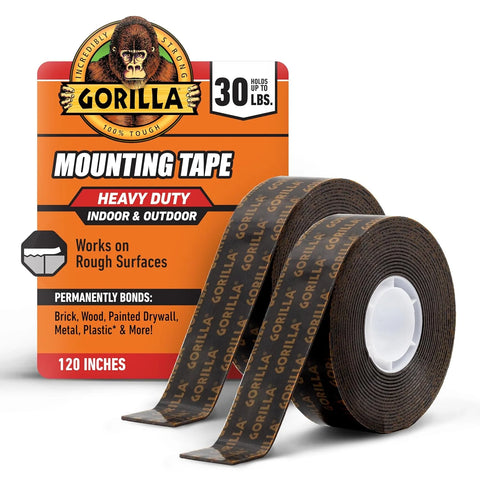 Gorilla Heavy Duty Double Sided Mounting Tape, 1" x 120" (Pack of 2) Holds up to 30lbs, Industrial Strength Adhesive for Homework Stations, Classroom Setup & Student Projects, Indoor & Outdoor