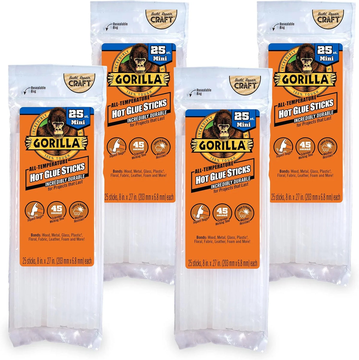 Gorilla Hot Glue Sticks, Clear Glue, Mini Size 8" Long x 0.27" Diameter, 25 Count (Pack of 4) - Safe for All Temperatures with Extended Working Time