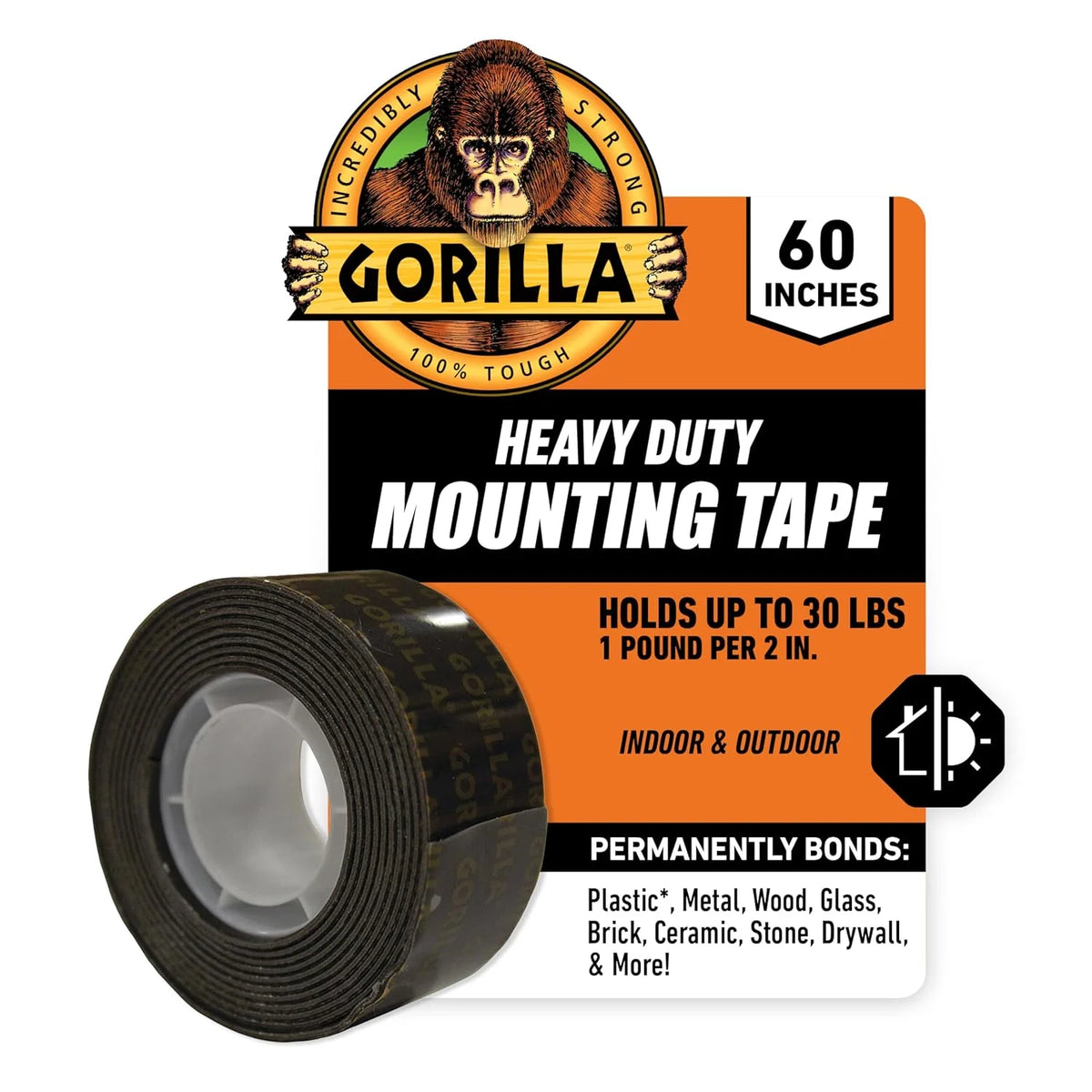Gorilla - 重型双面安装胶带,防风雨,2.54 厘米 x 152.40 厘米,黑色(12 件装)