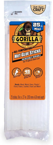 Gorilla Hot Glue Sticks, Clear Glue, Mini Size 8" Long x 0.27" Diameter, 25 Count (Pack of 4) - Safe for All Temperatures with Extended Working Time