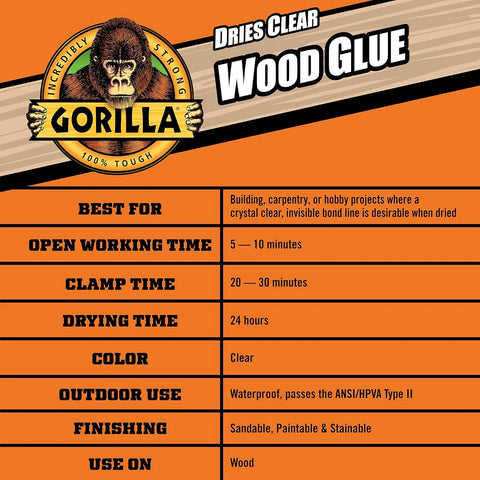 Gorilla Dries 透明木胶,4 盎司(约 113.4 克)瓶装(2 件装)- 防水,适用于室内或室外项目和修理