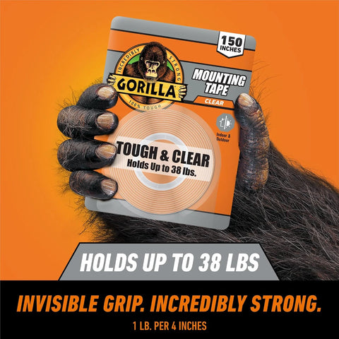 Gorilla Invisible Hold Mounting Tape, 1" x 150" (Pack of 2), Holds up to 15 lbs, Clear Double-Sided Tape for Strong, Permanent Bond, Discreet Adhesive for Classroom and Study Space Setup