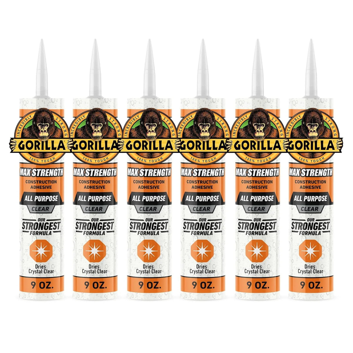 Gorilla Max Strength Clear Construction Adhesive, 9 Ounce Cartridge, Clear, (Pack of 6)