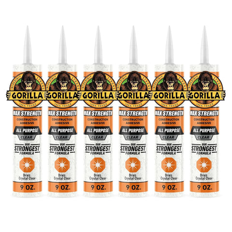 Gorilla Max Strength Clear Construction Adhesive, 9 Ounce Cartridge, Clear, (Pack of 6)