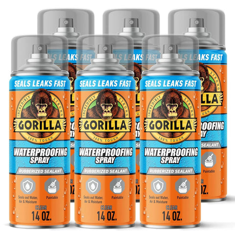Gorilla Waterproofing Spray Clear, Flexible Rubberized Sealant Coating, Paintable UV Resistant, Seals Water Air Moisture, 14 oz (Pack of 6), for Roofs Gutters Skylights RVs Windows & More