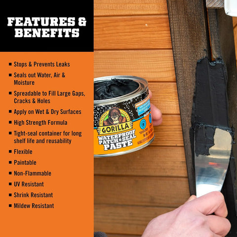 Gorilla Waterproof Patch & Seal Rubberized Sealant Paste, Black, 1lb Can (Pack of 1)