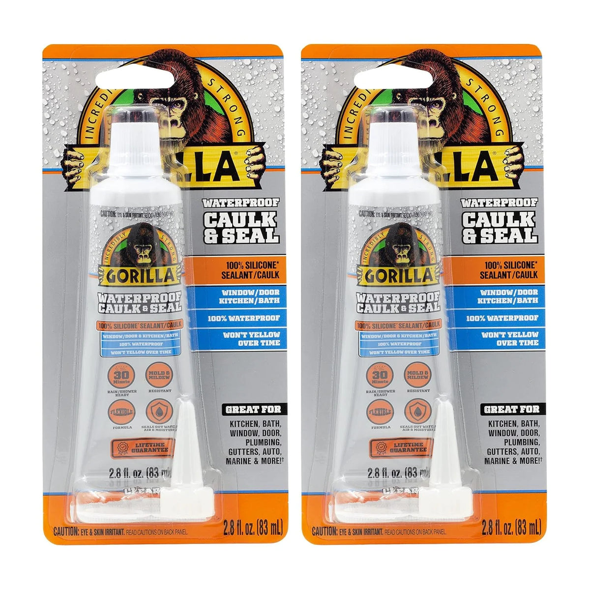 Gorilla 100% Silicone Caulk, Waterproof Sealant, 2.8oz Squeeze Tube (Pack of 2) – Clear -10 Year Mold Resistant Kitchen, Window, Bath, Marine, Door and More