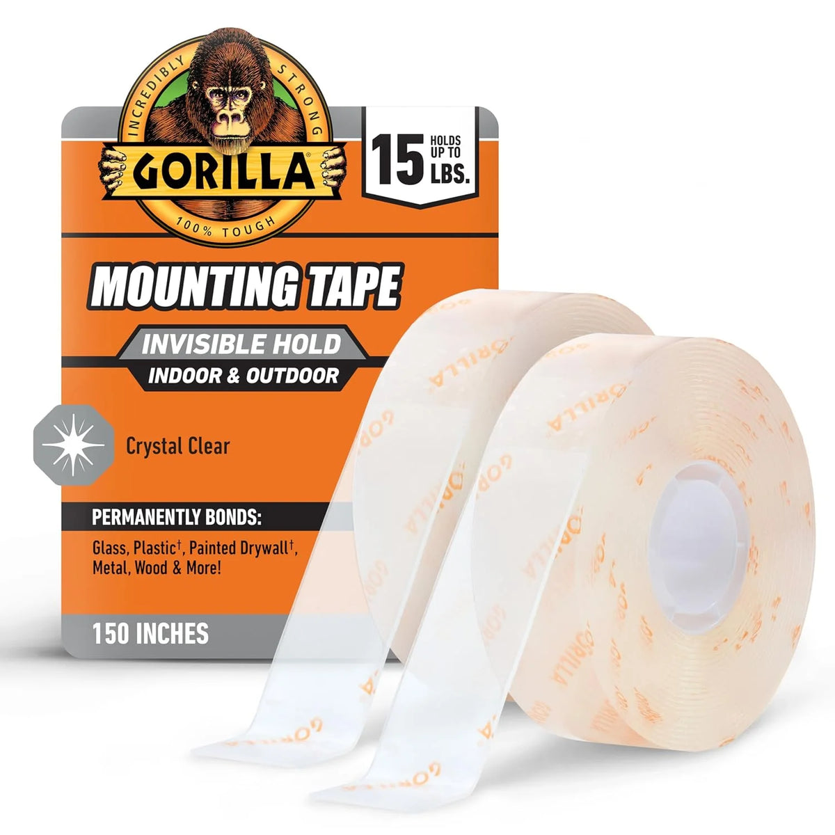 Gorilla Invisible Hold Mounting Tape, 1" x 150" (Pack of 2), Holds up to 15 lbs, Clear Double-Sided Tape for Strong, Permanent Bond, Discreet Adhesive for Classroom and Study Space Setup