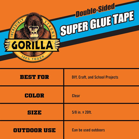 Gorilla Super Glue Tape, Multi-Purpose, Permanent, Double Sided, High Tack, 5/8in x 20ft, Clear (Pack of 6)