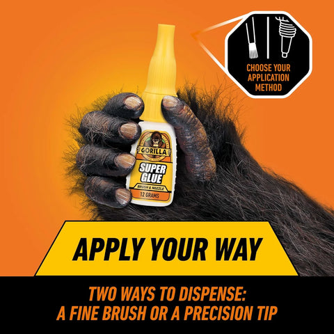 Gorilla Super Glue with Brush & Nozzle Applicator, Clear Glue, 12 Gram (Pack of 1) - All Purpose and Fast Setting for Projects and Repairs