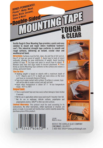 Gorilla Tough & Clear Double Sided Mounting Tape, 1" x 60", Clear, (Pack of 6)