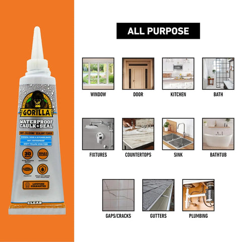 Gorilla 100% Silicone Caulk, Waterproof Sealant, 2.8oz Squeeze Tube (Pack of 1) – Clear -10 Year Mold Resistant Kitchen, Window, Bath, Marine, Door and More