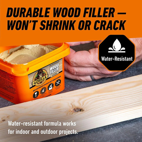 Gorilla All Purpose Wood Filler, Natural Finish, 16 Ounce Tub (Pack of 1) - Water Resistant for Indoor or Outdoor Projects and Repairs