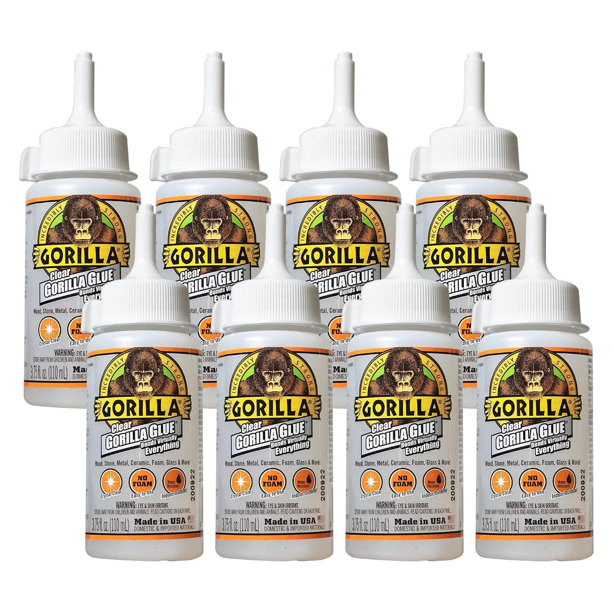 Gorilla Clear Glue, 3.75 Ounce Bottle (Pack of 8) - Crystal Clear, All Purpose, and Water Resistant