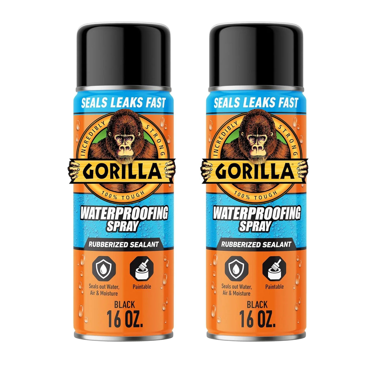 Gorilla Waterproofing Spray Black, Flexible Rubberized Sealant Coating, Paintable UV Resistant, Seals Water Air Moisture, 16 oz (Pack of 2), for Roofs Gutters Skylights RVs Windows & More
