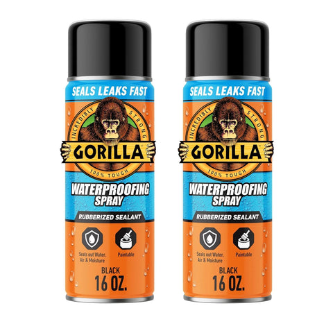 Gorilla Waterproofing Spray Black, Flexible Rubberized Sealant Coating, Paintable UV Resistant, Seals Water Air Moisture, 16 oz (Pack of 2), for Roofs Gutters Skylights RVs Windows & More