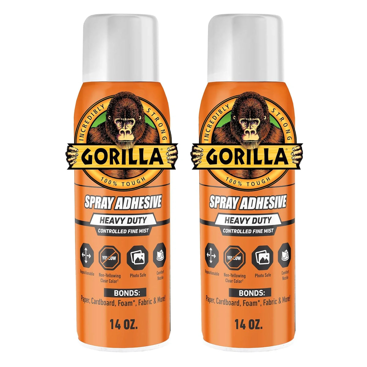 Gorilla Heavy Duty Spray Adhesive, Multi Purpose & Repositionable, Clear, 14 oz (Pack of 2) Bonds Paper, Cardboard, Foam, Fabric, Photo Safe, Non-Yellowing, Indoor & Outdoor