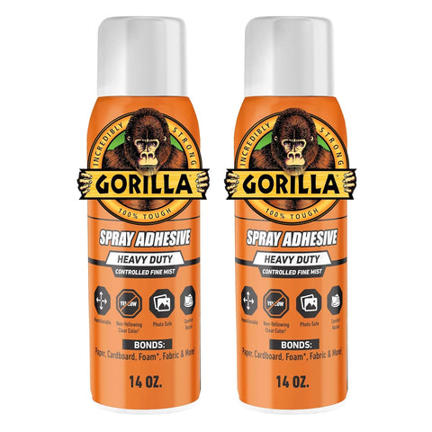 Gorilla Heavy Duty Spray Adhesive, Multi Purpose & Repositionable, Clear, 14 oz (Pack of 2) Bonds Paper, Cardboard, Foam, Fabric, Photo Safe, Non-Yellowing, Indoor & Outdoor