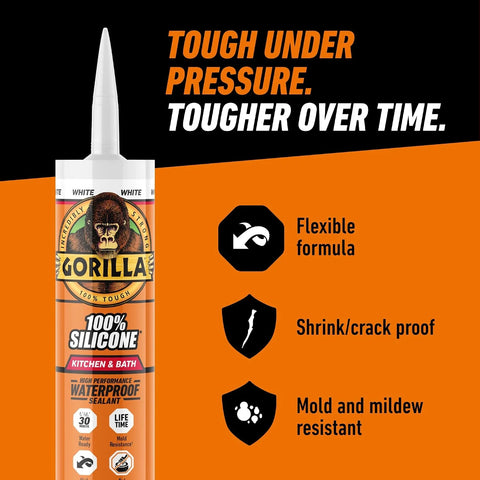 Gorilla 100% Silicone Caulk Kitchen & Bath Sealant, Mold Resistant, 10 oz. Cartridge, White