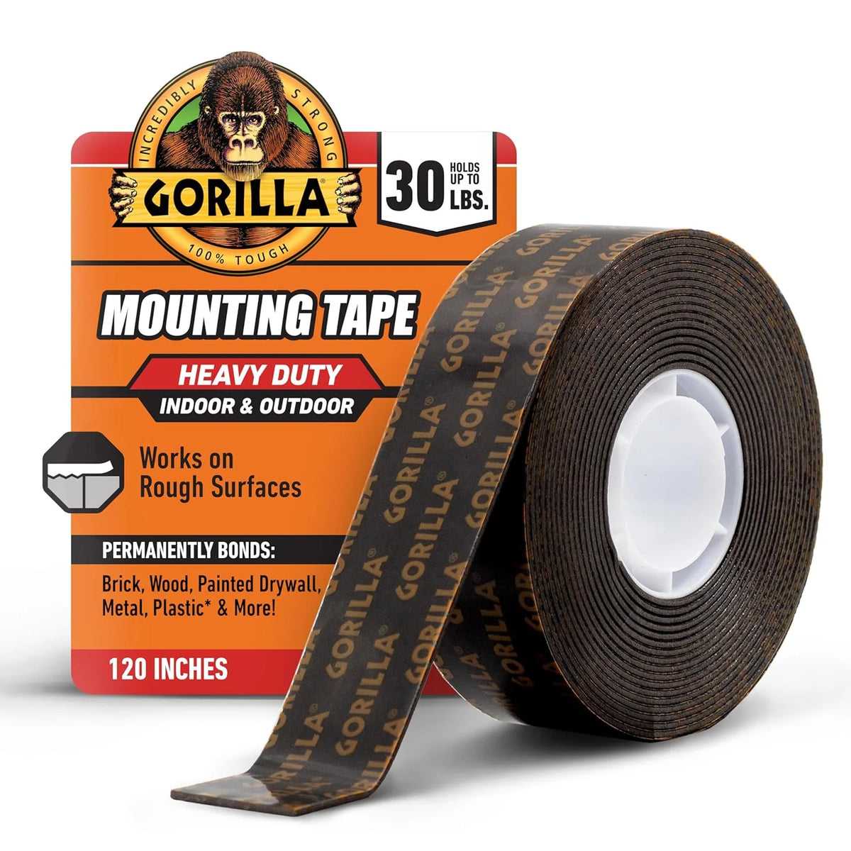 Gorilla Heavy Duty Double Sided Mounting Tape, 1" x 120" (Pack of 1) Holds up to 30lbs, Industrial Strength Adhesive for Homework Stations, Classroom Setup & Student Projects, Indoor & Outdoor