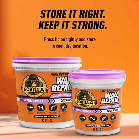 Gorilla High Performance Wall Repair Color Change, 16 Ounce Tub, Applies Purple, Dries White – Spackling & Primer in One, Shrink & Crack Resistant